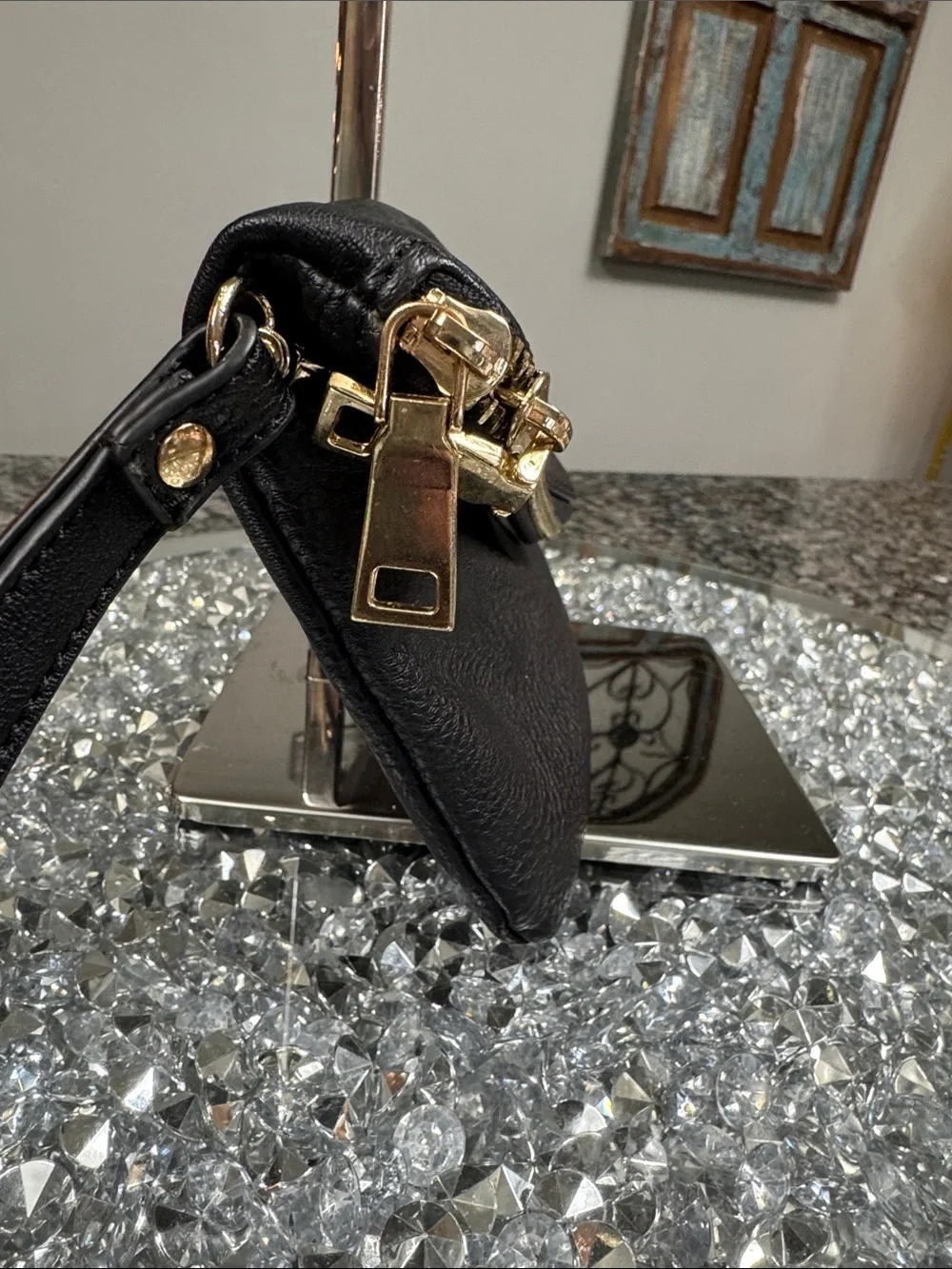 Urban Expressions Black Leather Wristlet Clutch with Gold Hardware EUC